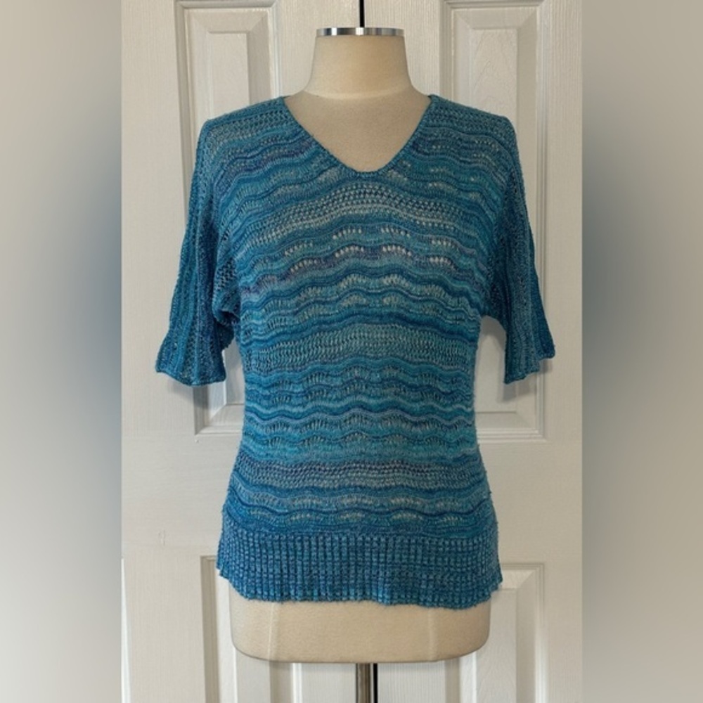 New Directions Petite Blue Crochet Knit Short Sleeve Sweater Petite Small - Picture 1 of 3